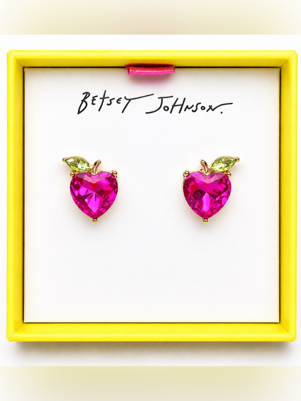 Betsey Johnson Fuchsia Heart Apple with Lime Leaf Stud Earrings